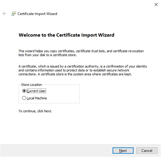 Windows certificate import wizard