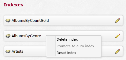 Figure 1: Reset and delete index options in the studio
