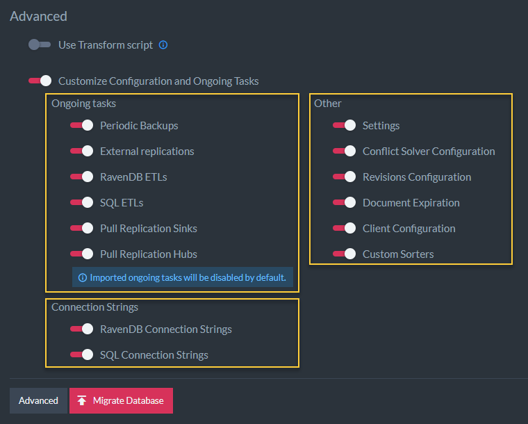 Figure 4. Advanced Import Options - Customize Configuration and Ongoing Tasks