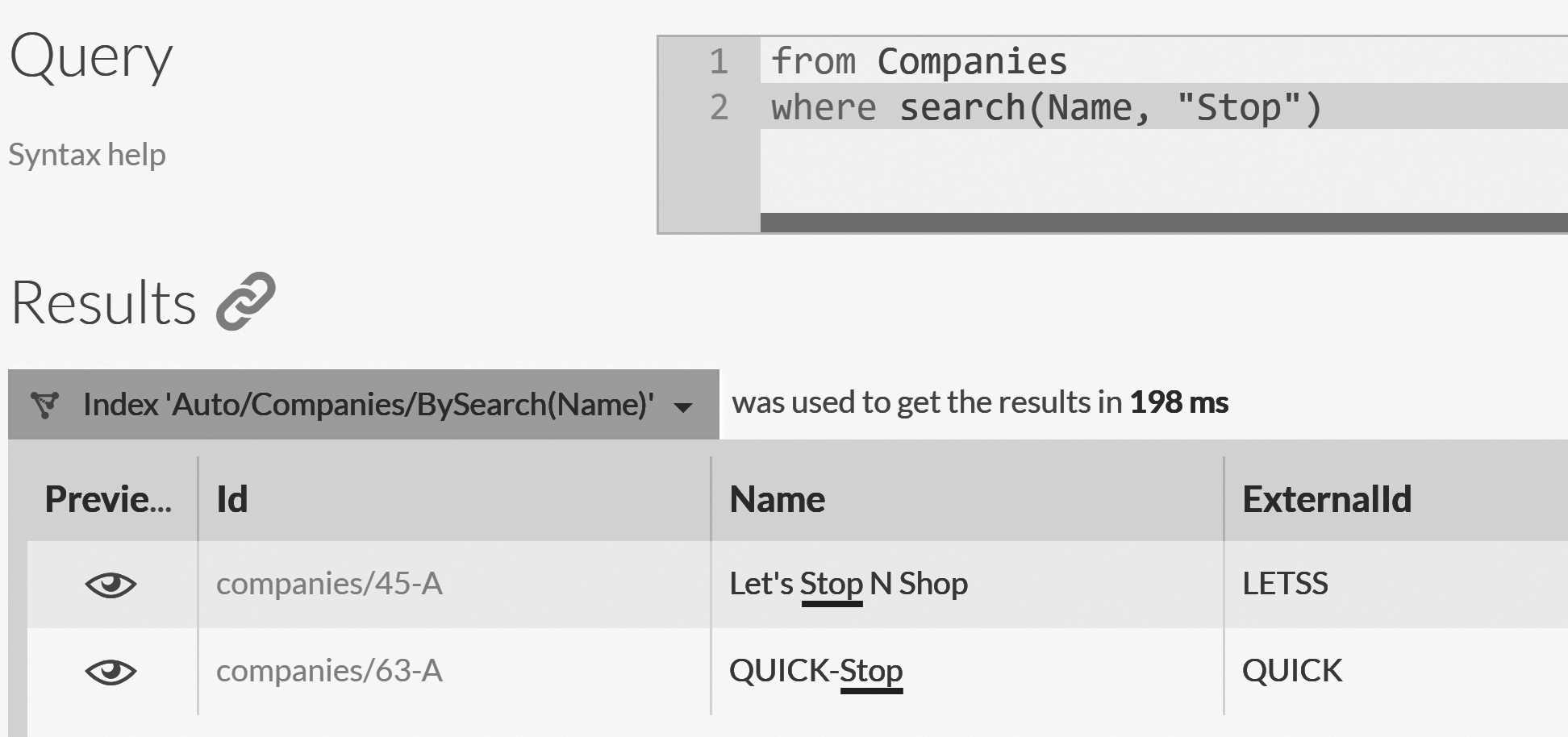 Full text search queries on companies' name