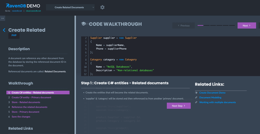RavenDB Studio Code Walkthrough showing a step-by-step DocumentStore configuration