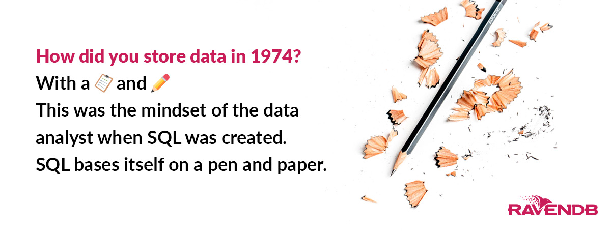 How did you store data in 1974? With a notebook and a pencil. This was the mindset of the data analyst when SQL was created. SQL bases itself on a pen and paper.